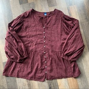 Old Navy Blouse Womens 4X Raisin Burgundy Oversized Embroidered Cutwork Tie Neck
